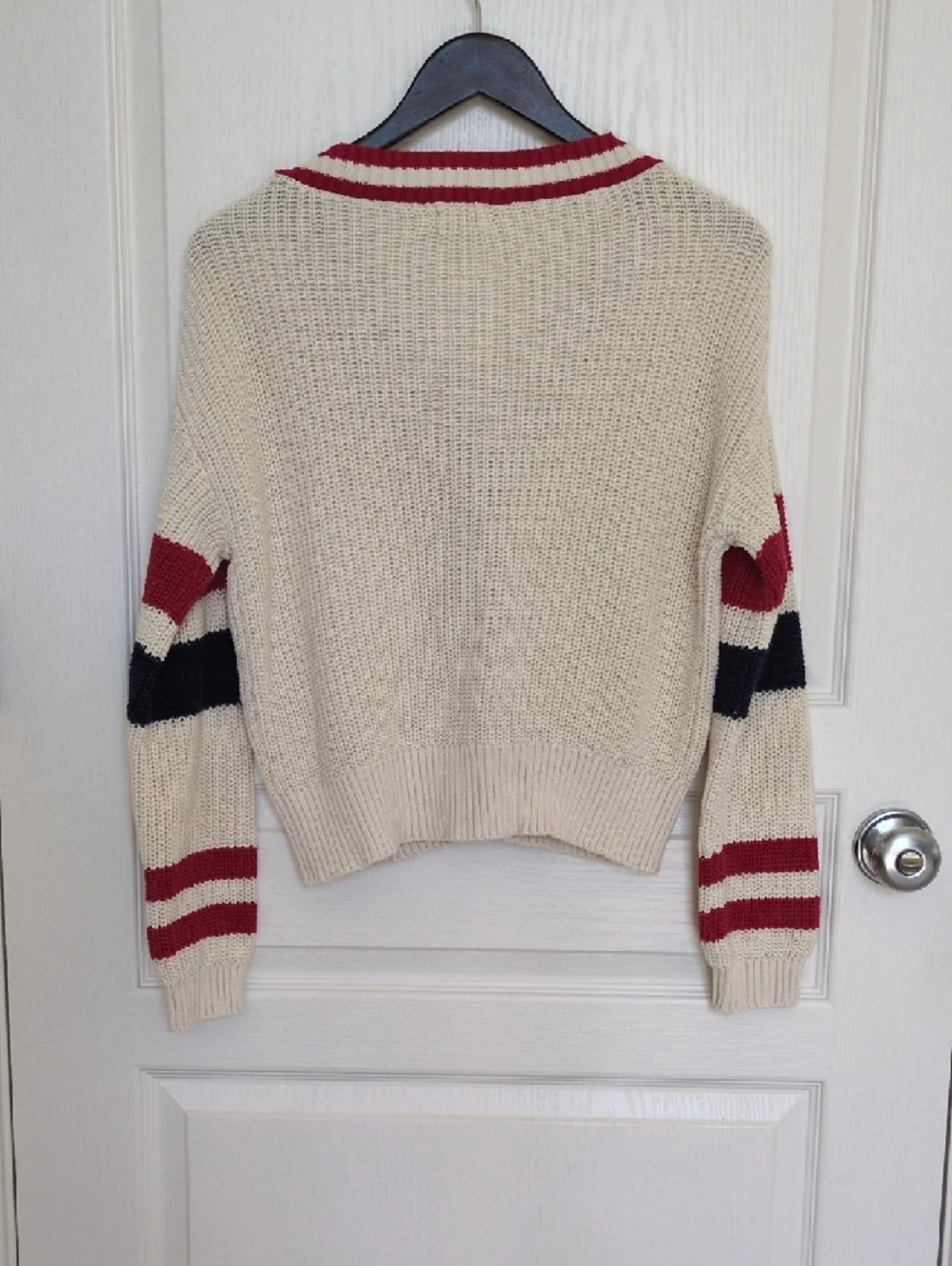 Mason & Belle Cream 100% Cotton Cardigan Sweater - Red & Navy Stripe Trim
